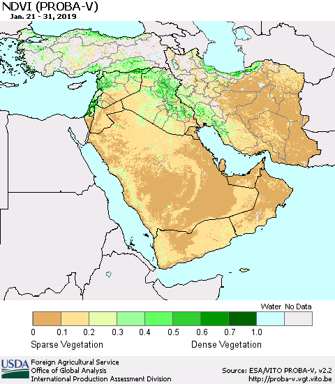 Middle East and Turkey NDVI (PROBA-V) Thematic Map For 1/21/2019 - 1/31/2019