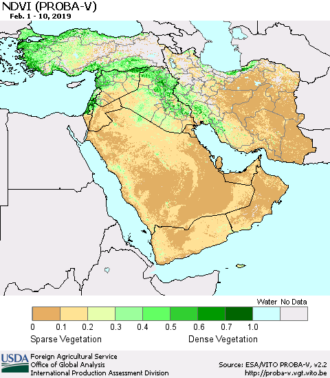 Middle East and Turkey NDVI (PROBA-V) Thematic Map For 2/1/2019 - 2/10/2019
