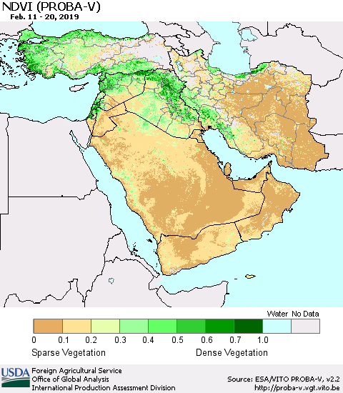 Middle East and Turkey NDVI (PROBA-V) Thematic Map For 2/11/2019 - 2/20/2019