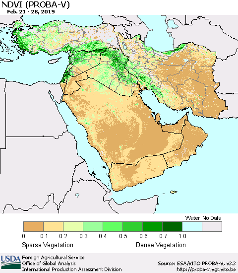 Middle East and Turkey NDVI (PROBA-V) Thematic Map For 2/21/2019 - 2/28/2019