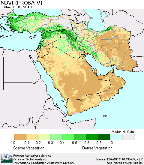 Middle East and Turkey NDVI (PROBA-V) Thematic Map For 3/1/2019 - 3/10/2019