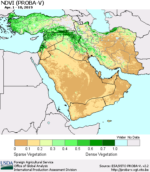 Middle East and Turkey NDVI (PROBA-V) Thematic Map For 4/1/2019 - 4/10/2019