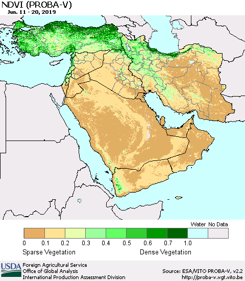 Middle East and Turkey NDVI (PROBA-V) Thematic Map For 6/11/2019 - 6/20/2019