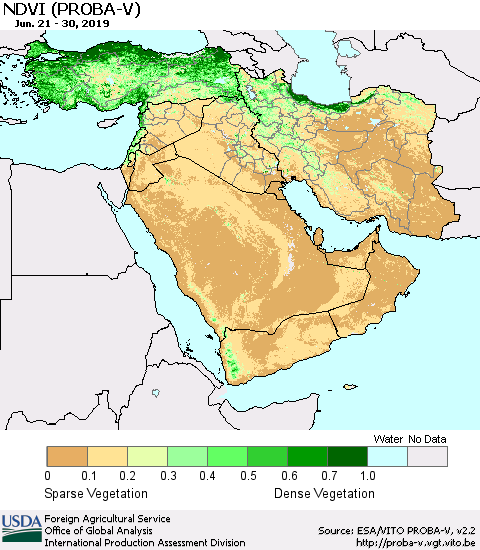 Middle East and Turkey NDVI (PROBA-V) Thematic Map For 6/21/2019 - 6/30/2019
