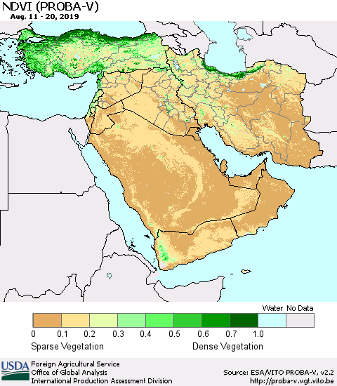 Middle East and Turkey NDVI (PROBA-V) Thematic Map For 8/11/2019 - 8/20/2019