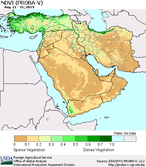Middle East and Turkey NDVI (PROBA-V) Thematic Map For 8/21/2019 - 8/31/2019