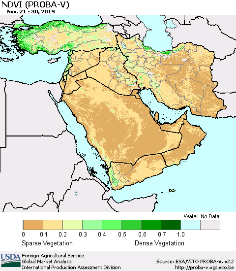 Middle East and Turkey NDVI (PROBA-V) Thematic Map For 11/21/2019 - 11/30/2019