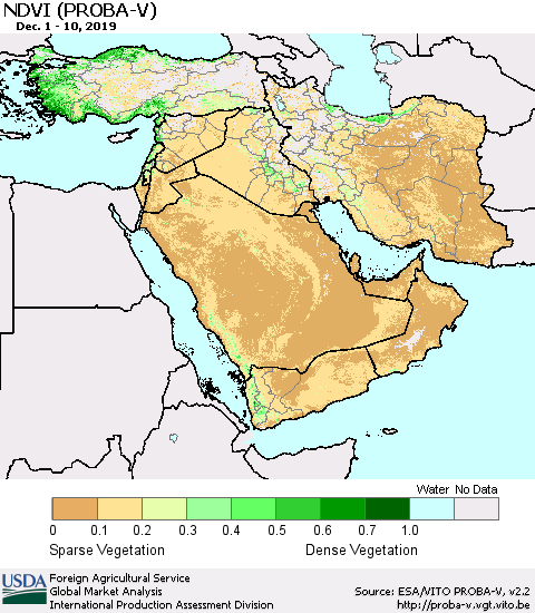 Middle East and Turkey NDVI (PROBA-V) Thematic Map For 12/1/2019 - 12/10/2019