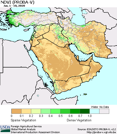 Middle East and Turkey NDVI (PROBA-V) Thematic Map For 1/1/2020 - 1/10/2020