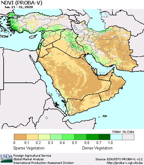 Middle East and Turkey NDVI (PROBA-V) Thematic Map For 1/21/2020 - 1/31/2020