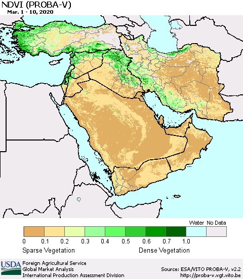 Middle East and Turkey NDVI (PROBA-V) Thematic Map For 3/1/2020 - 3/10/2020