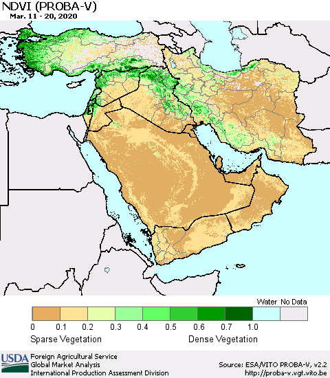 Middle East and Turkey NDVI (PROBA-V) Thematic Map For 3/11/2020 - 3/20/2020