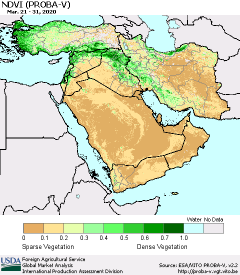 Middle East and Turkey NDVI (PROBA-V) Thematic Map For 3/21/2020 - 3/31/2020