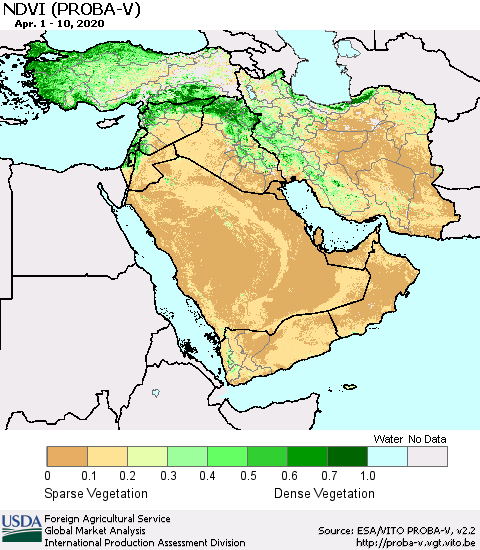 Middle East and Turkey NDVI (PROBA-V) Thematic Map For 4/1/2020 - 4/10/2020