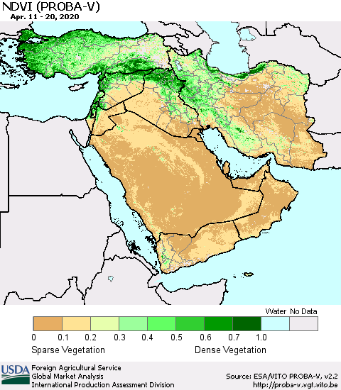Middle East and Turkey NDVI (PROBA-V) Thematic Map For 4/11/2020 - 4/20/2020