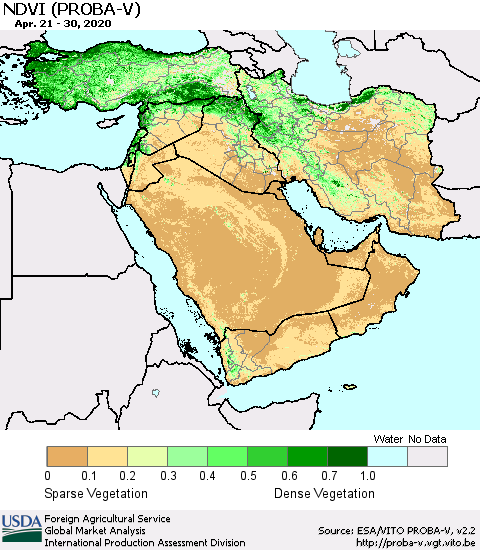 Middle East and Turkey NDVI (PROBA-V) Thematic Map For 4/21/2020 - 4/30/2020