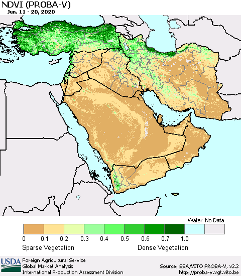 Middle East and Turkey NDVI (PROBA-V) Thematic Map For 6/11/2020 - 6/20/2020