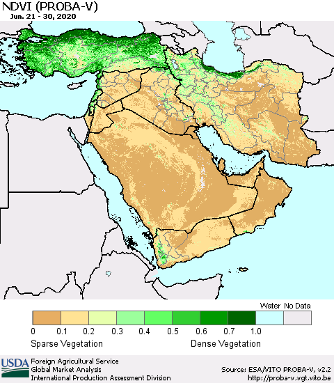 Middle East and Turkey NDVI (PROBA-V) Thematic Map For 6/21/2020 - 6/30/2020