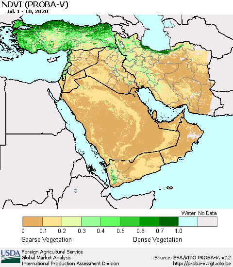 Middle East and Turkey NDVI (PROBA-V) Thematic Map For 7/1/2020 - 7/10/2020