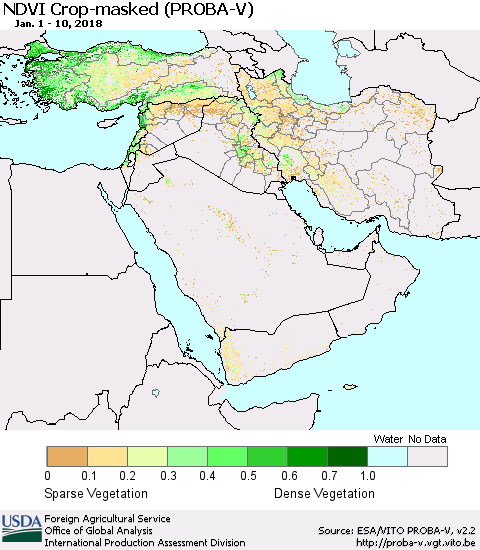 Middle East and Turkey NDVI Crop-masked (PROBA-V) Thematic Map For 1/1/2018 - 1/10/2018