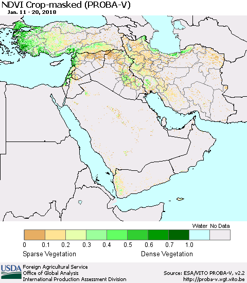 Middle East and Turkey NDVI Crop-masked (PROBA-V) Thematic Map For 1/11/2018 - 1/20/2018