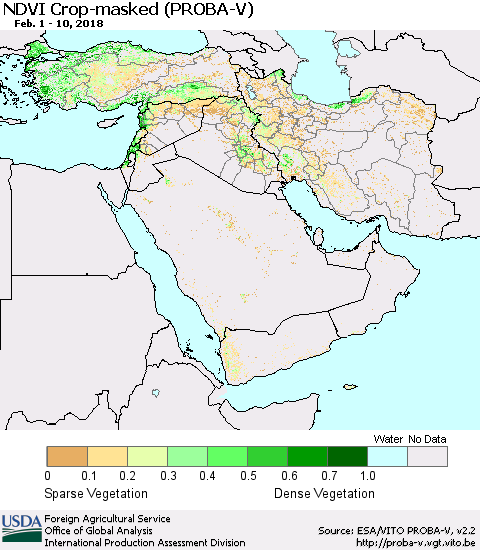 Middle East and Turkey NDVI Crop-masked (PROBA-V) Thematic Map For 2/1/2018 - 2/10/2018