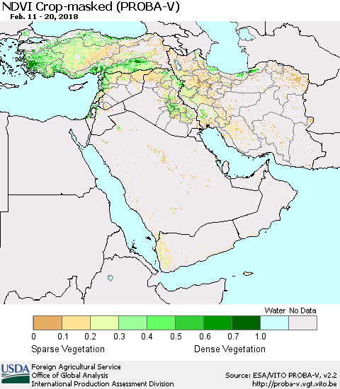 Middle East and Turkey NDVI Crop-masked (PROBA-V) Thematic Map For 2/11/2018 - 2/20/2018
