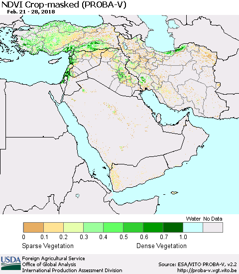 Middle East and Turkey NDVI Crop-masked (PROBA-V) Thematic Map For 2/21/2018 - 2/28/2018
