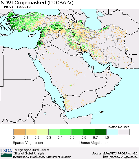 Middle East and Turkey NDVI Crop-masked (PROBA-V) Thematic Map For 3/1/2018 - 3/10/2018