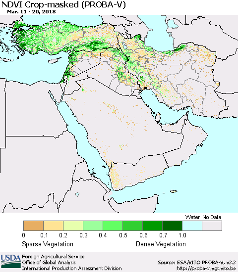 Middle East and Turkey NDVI Crop-masked (PROBA-V) Thematic Map For 3/11/2018 - 3/20/2018
