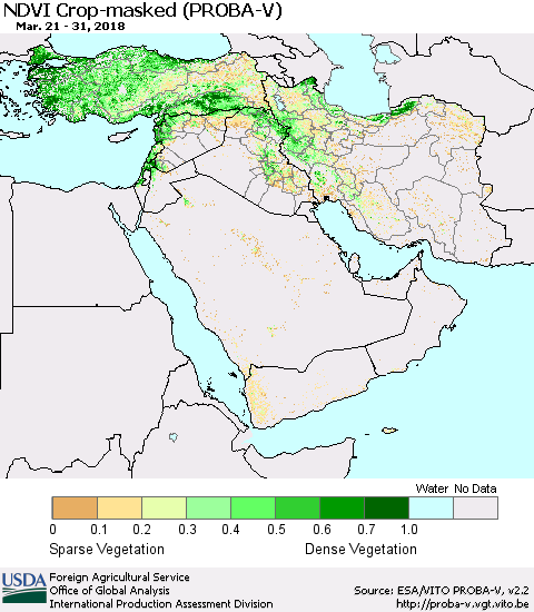 Middle East and Turkey NDVI Crop-masked (PROBA-V) Thematic Map For 3/21/2018 - 3/31/2018