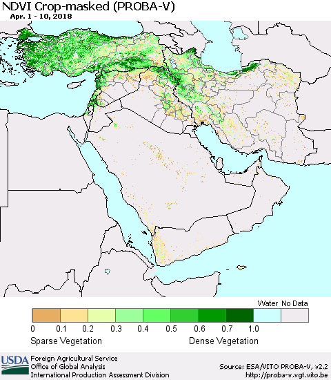 Middle East and Turkey NDVI Crop-masked (PROBA-V) Thematic Map For 4/1/2018 - 4/10/2018