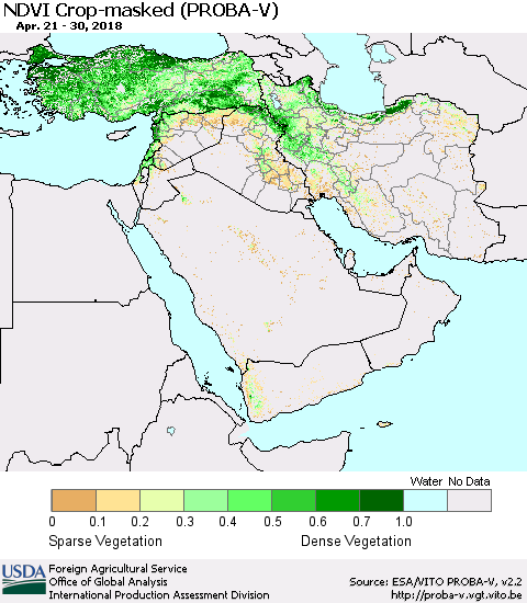 Middle East and Turkey NDVI Crop-masked (PROBA-V) Thematic Map For 4/21/2018 - 4/30/2018