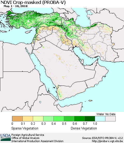Middle East and Turkey NDVI Crop-masked (PROBA-V) Thematic Map For 5/1/2018 - 5/10/2018