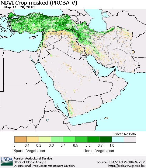 Middle East and Turkey NDVI Crop-masked (PROBA-V) Thematic Map For 5/11/2018 - 5/20/2018