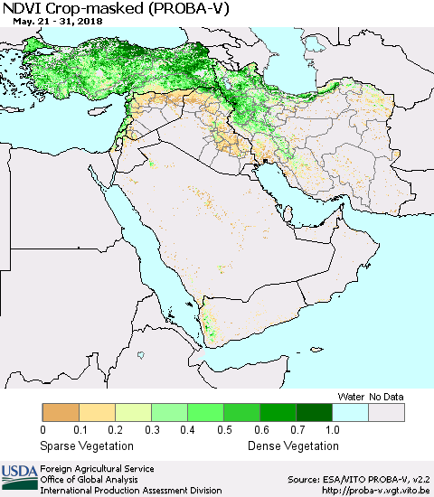 Middle East and Turkey NDVI Crop-masked (PROBA-V) Thematic Map For 5/21/2018 - 5/31/2018