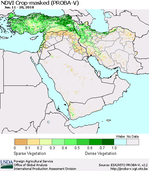 Middle East and Turkey NDVI Crop-masked (PROBA-V) Thematic Map For 6/11/2018 - 6/20/2018