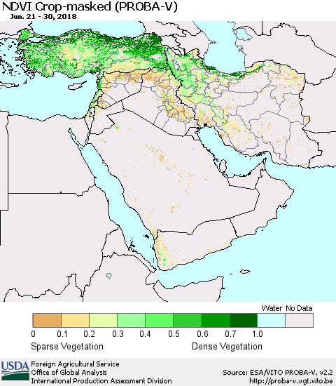 Middle East and Turkey NDVI Crop-masked (PROBA-V) Thematic Map For 6/21/2018 - 6/30/2018