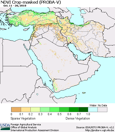 Middle East and Turkey NDVI Crop-masked (PROBA-V) Thematic Map For 10/11/2018 - 10/20/2018