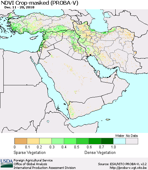 Middle East and Turkey NDVI Crop-masked (PROBA-V) Thematic Map For 12/11/2018 - 12/20/2018