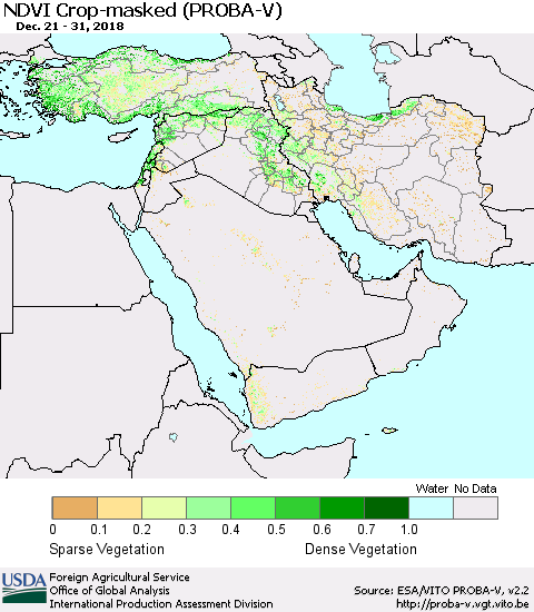 Middle East and Turkey NDVI Crop-masked (PROBA-V) Thematic Map For 12/21/2018 - 12/31/2018