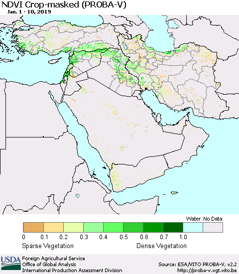 Middle East and Turkey NDVI Crop-masked (PROBA-V) Thematic Map For 1/1/2019 - 1/10/2019