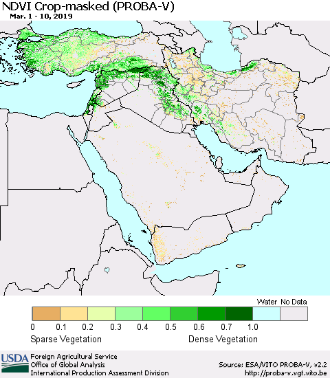 Middle East and Turkey NDVI Crop-masked (PROBA-V) Thematic Map For 3/1/2019 - 3/10/2019