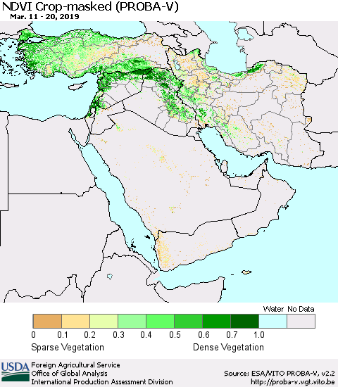 Middle East and Turkey NDVI Crop-masked (PROBA-V) Thematic Map For 3/11/2019 - 3/20/2019