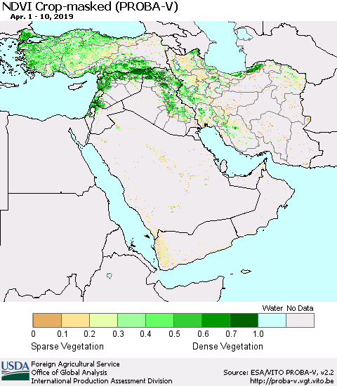Middle East and Turkey NDVI Crop-masked (PROBA-V) Thematic Map For 4/1/2019 - 4/10/2019