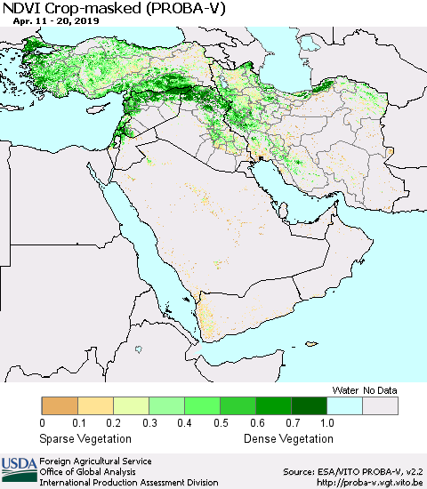 Middle East and Turkey NDVI Crop-masked (PROBA-V) Thematic Map For 4/11/2019 - 4/20/2019