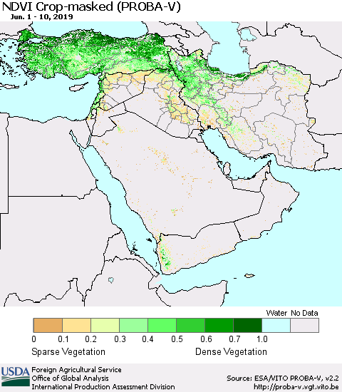 Middle East and Turkey NDVI Crop-masked (PROBA-V) Thematic Map For 6/1/2019 - 6/10/2019