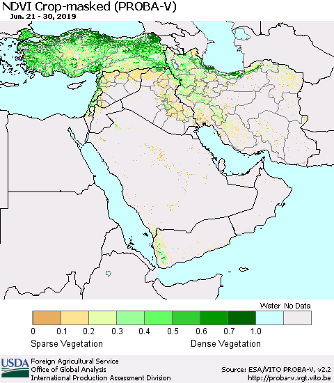 Middle East and Turkey NDVI Crop-masked (PROBA-V) Thematic Map For 6/21/2019 - 6/30/2019