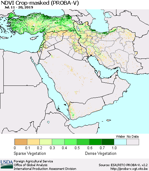 Middle East and Turkey NDVI Crop-masked (PROBA-V) Thematic Map For 7/11/2019 - 7/20/2019