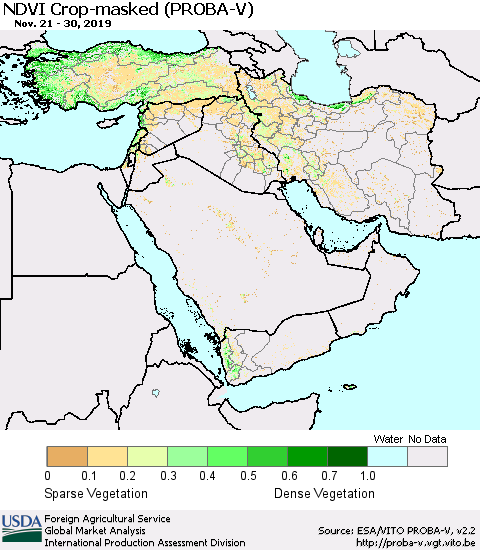 Middle East and Turkey NDVI Crop-masked (PROBA-V) Thematic Map For 11/21/2019 - 11/30/2019